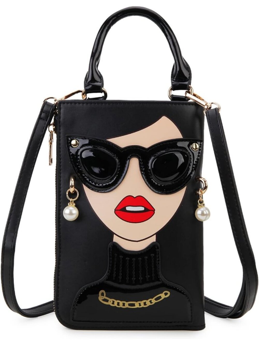 Women Black 1i Novelty Lady Face PU Leather Shoulder Bag Handle Satchel Clutch